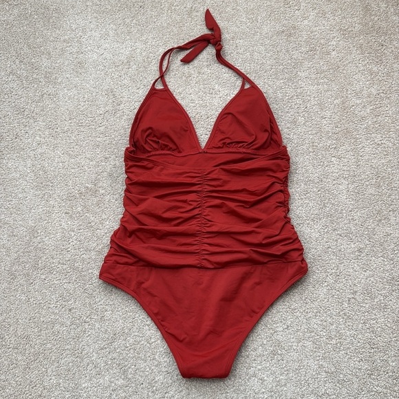 L Space The Nora Ruched Halter Tie Burnt Red/Orange One Piece Swimsuit Size 12 - Picture 5 of 9